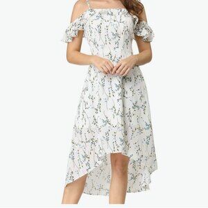 Allegra K Floral Cream Hi-Lo Off Shoulder Dress